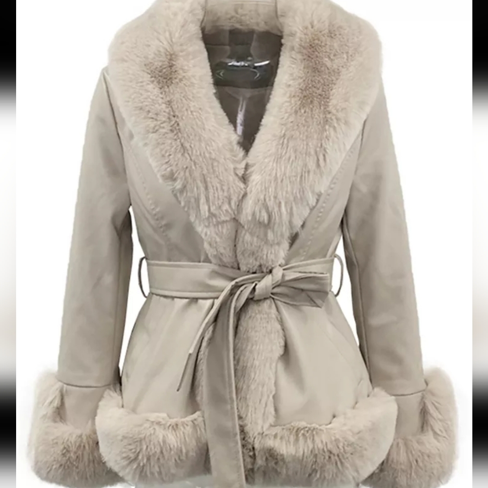 NWT Vegan Leather Jacket Fur, fully lined. With belt XL - Picture 2 of 3